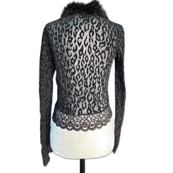 Vintage Ann Ferriday Leopard Print Lace Top Faux Fur Collar Sheer Black Gothic - Picture 5 of 10